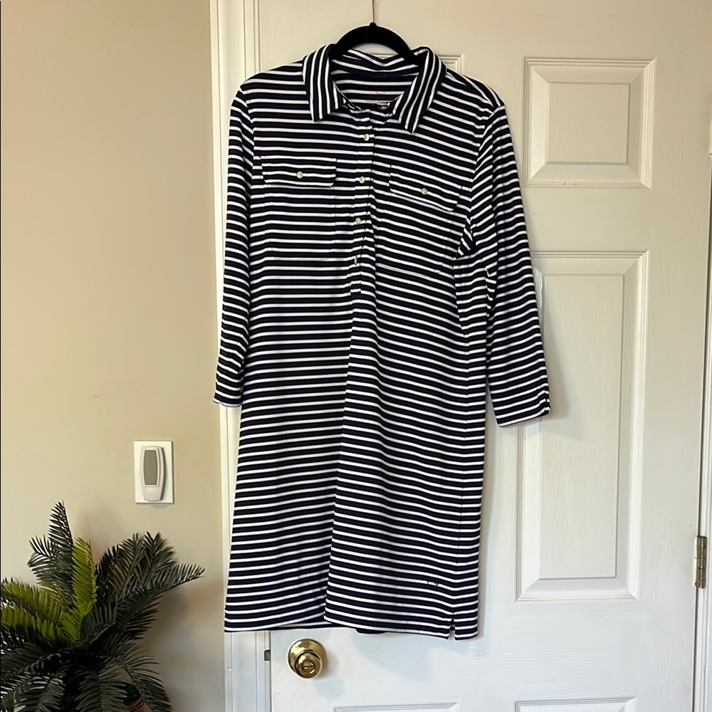 Vineyard Vines Navy Blue and White Polo Collar 3/4 Sleeve Dress